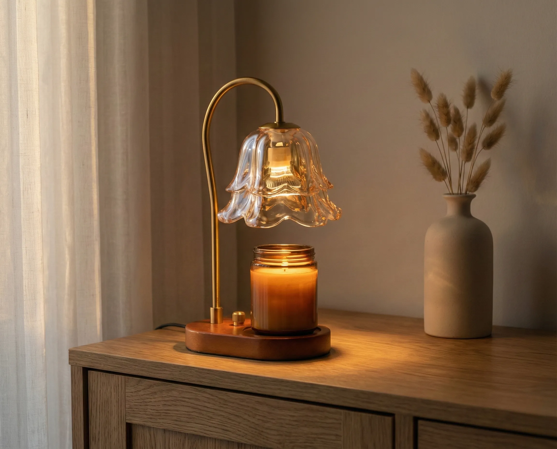 Nook Sanctuary Candle Warmer Lamp | Amber Petal Shade & Walnut Base | Large Jar Compatible