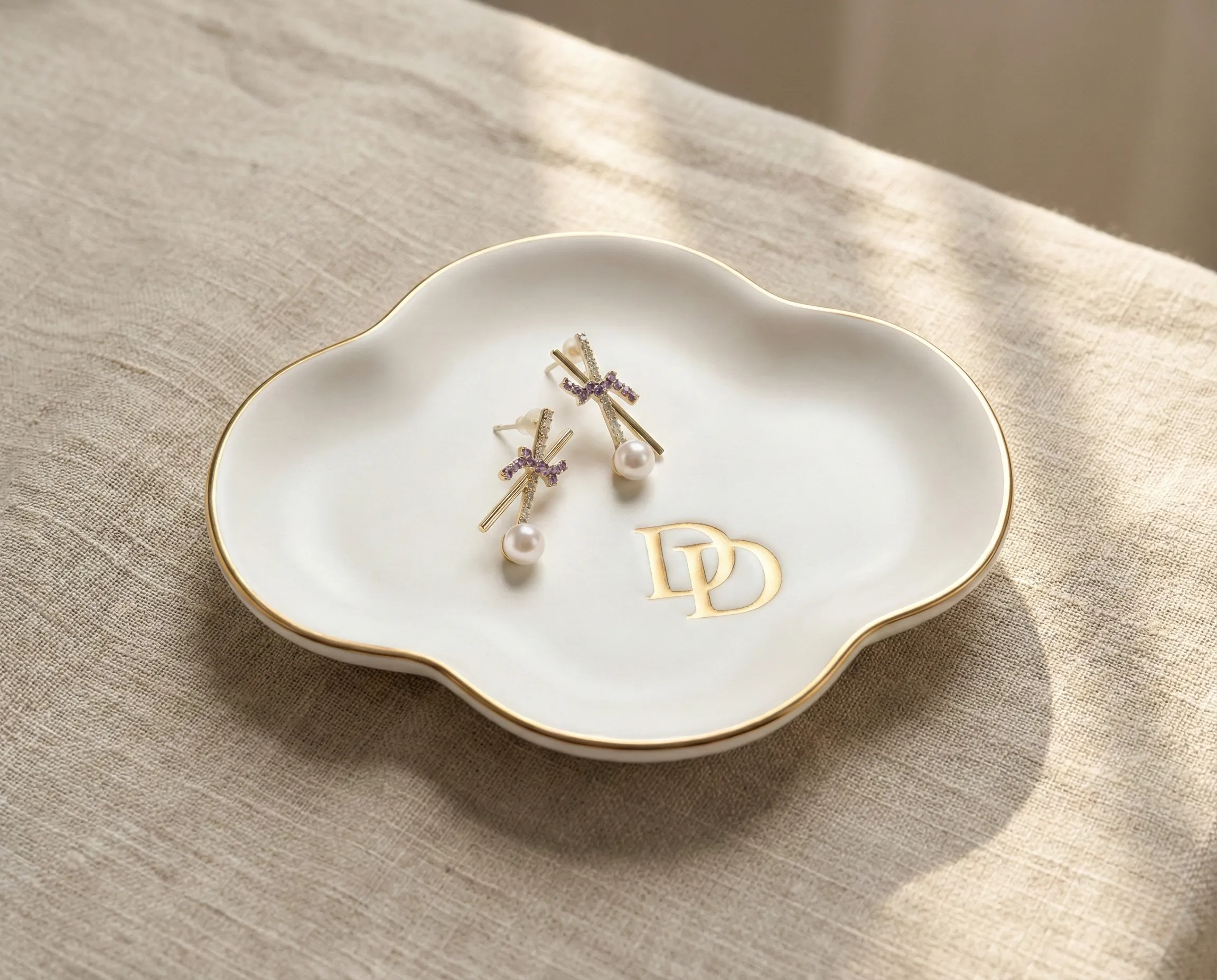 Cloud Aesthetic Ceramic Jewelry Tray | Gold-Rimmed Catchall Dish | Anti-Slip & Deep Basin